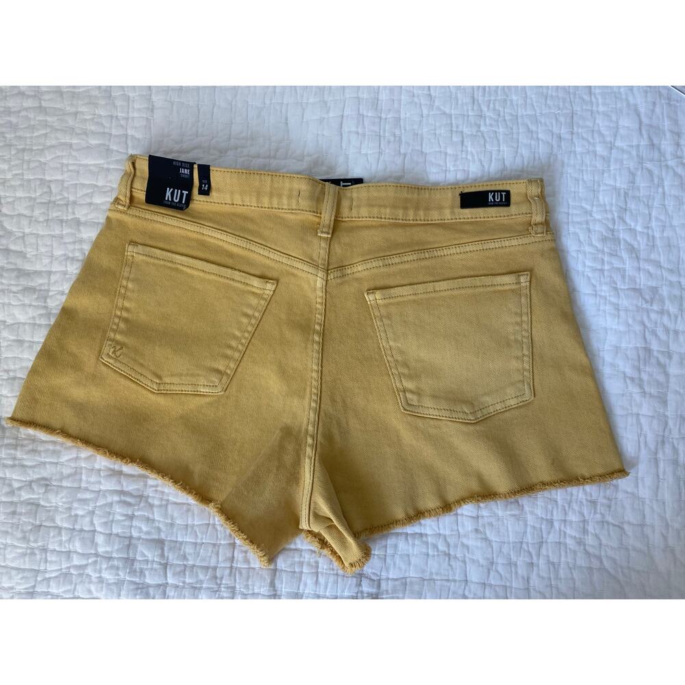 Kut Shorts High Rise Frayed Golden Sun Yellow Jane Hem 5 pocket zip Fly Size 14 - Picture 2 of 13